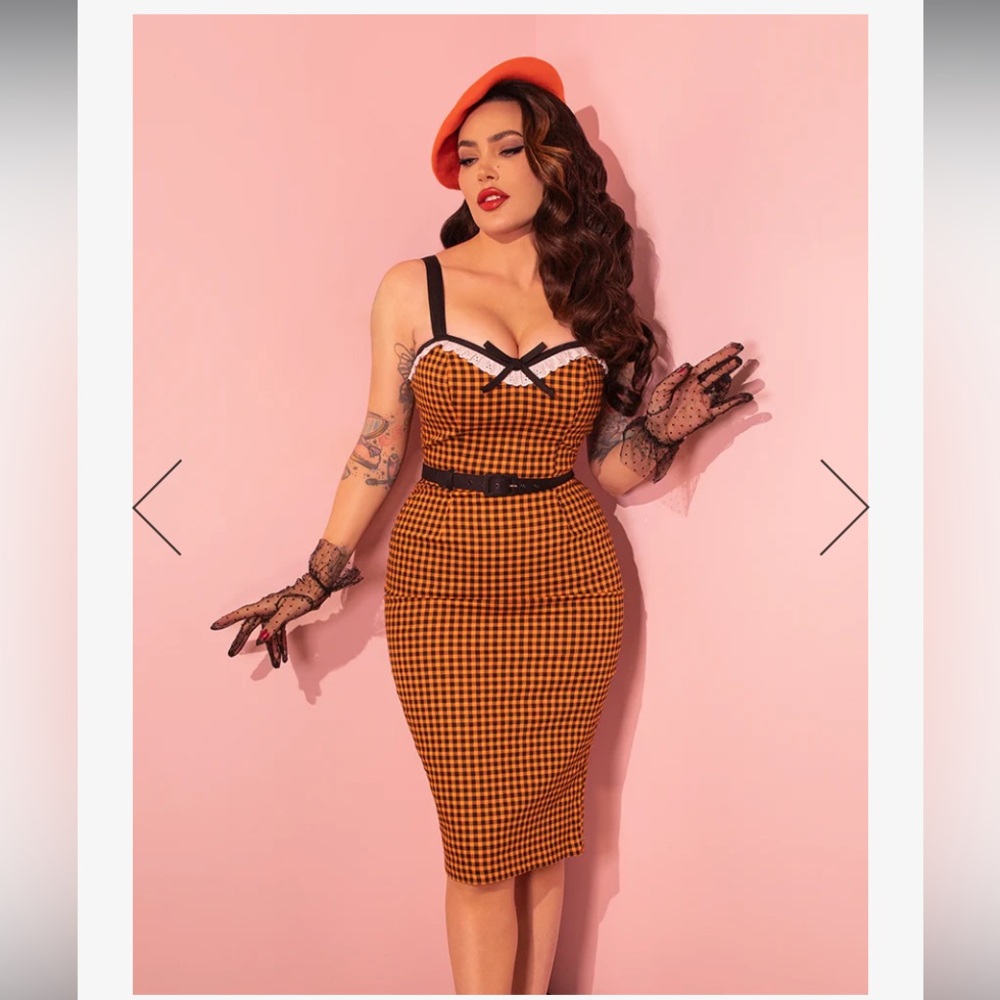 Vixen by Micheline Pitt Orange & Black Gingham Wiggle Dress